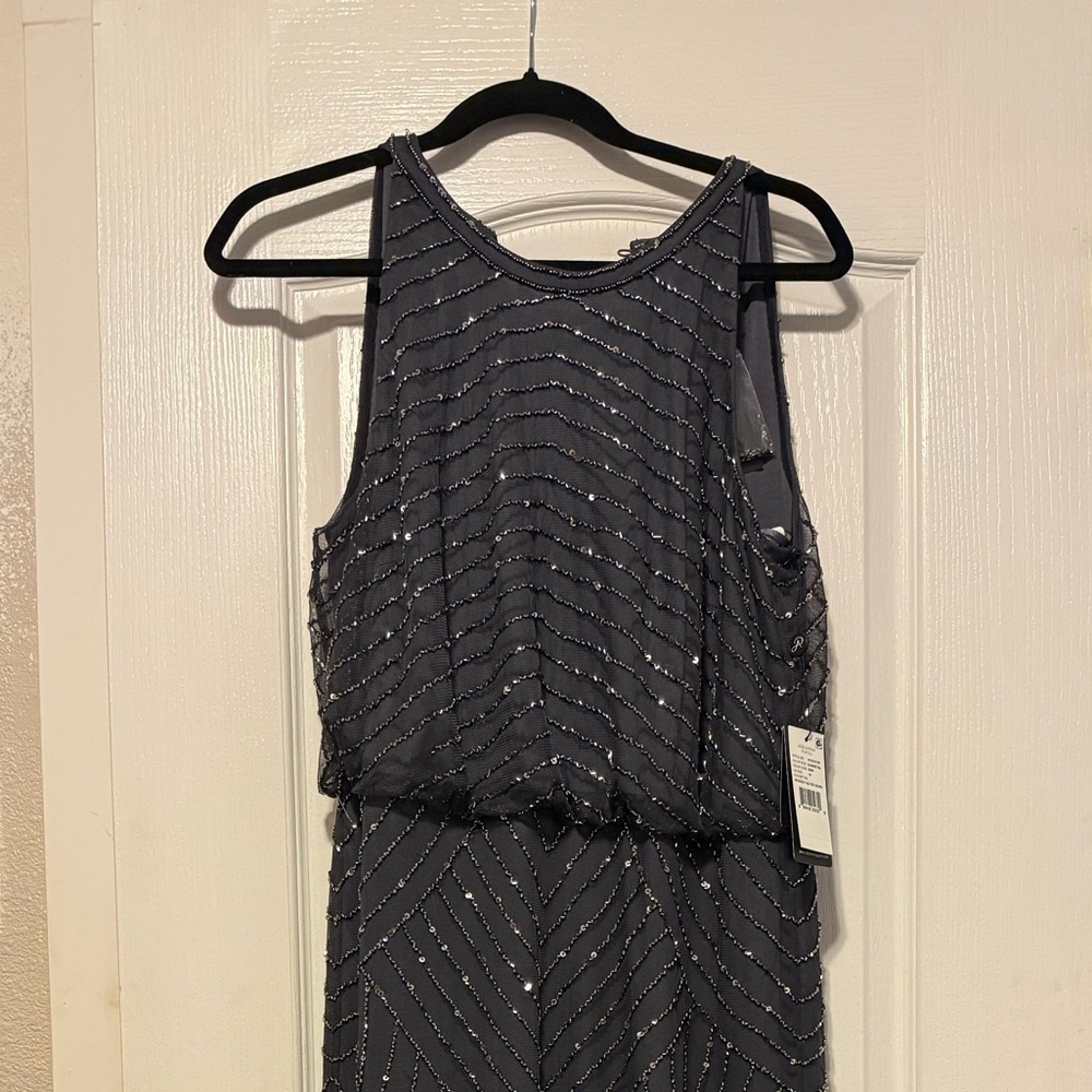 Adrianna Papell Gunmetal Beaded Halter Gown